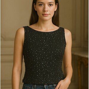 Vintage 60’s Gene Shelly Black Sequined Beaded Silk Blend Sleeveless Top Size 14